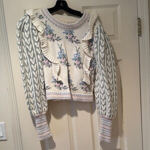 LoveShackFancy Cream and Gray Floral Sweater